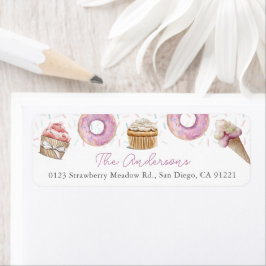 Etiqueta Pastel rosa Helado Crema y Donut