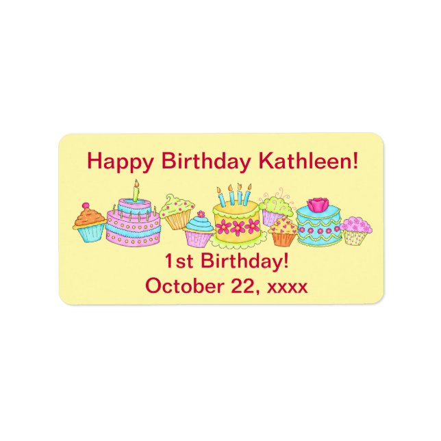 Etiqueta Pasteles amarillos/Pastel Feliz Primer Cumpleaños  (Frente)