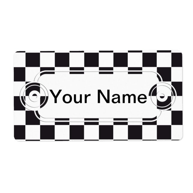 Etiqueta Patrón cuadrado de ajedrez - negro + tu texto y fo (Frente)