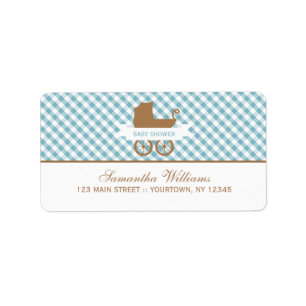 Etiqueta Patrón Cute Blue Gingham y Carrito para Niños