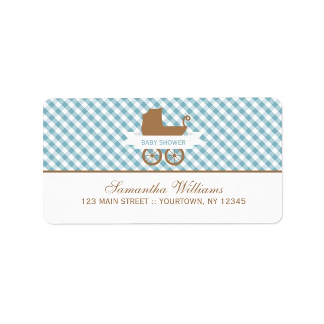 Etiqueta Patrón Cute Blue Gingham y Carrito para Niños (Frente)
