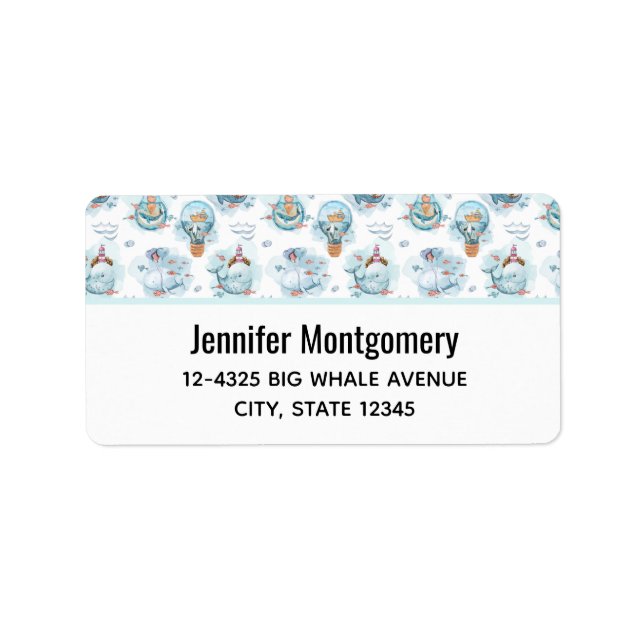 Etiqueta Patrón de acuarela de ballenas náuticas (Frente)