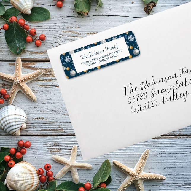 Etiqueta Patrón de copos de nieve y elementos náuticos (Snowflakes & Nautical Elements Pattern Return Address Label)
