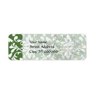 Etiqueta patrón de damasco de ave verde y blanca