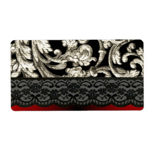 Etiqueta Patrón de damasco floral negro y rojo