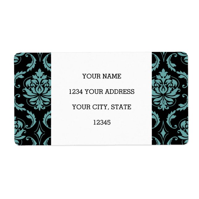 Etiqueta Patrón de Damasco verde azulado y negro (Frente)