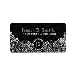 Etiqueta Patrón de paisley floral blanca y negra