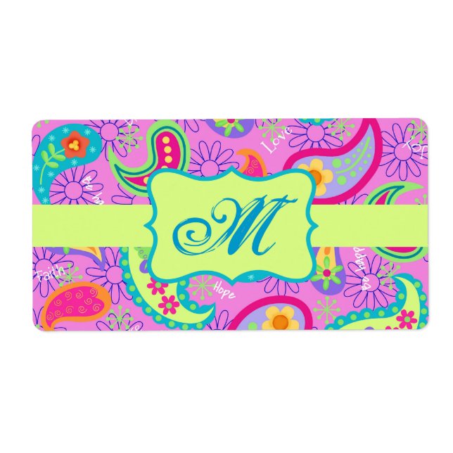 Etiqueta Patrón de paisley moderno verde magenta (Frente)