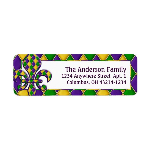 Etiqueta Patrón Mardi Gras Fleur Harlequin (Frente)