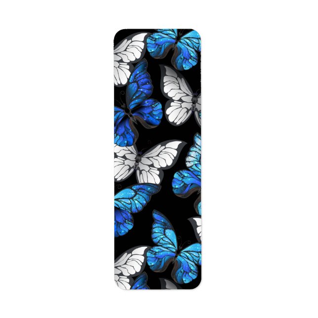 Etiqueta Patrón oscuro sin costuras con mariposas azules Mo (Frente)