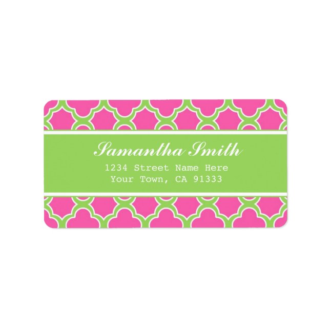 Etiqueta Patrón Quatrefoil rosa y verde (Frente)