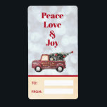 Etiqueta Peace Love & Joy Toy Truck Merry Christmas<br><div class="desc">A gift label with space to write in the from and to names. Designed with a cute christmas design. Text says: Peace Love & Joy. Image is a cute little toy truck with Merry Christmas hand painted on the side with gold lettering. Carrying a decorated Christmas tree in the back....</div>