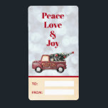 Etiqueta Peace Love & Joy Toy Truck Merry Christmas<br><div class="desc">A gift label with space to write in the from and to names. Designed with a cute christmas design. Text says: Peace Love & Joy. Image is a cute little toy truck with Merry Christmas hand painted on the side with gold lettering. Carrying a decorated Christmas tree in the back....</div>
