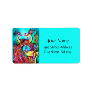 Etiqueta PEACOCKS IN LOVE, verde turquesa azul rojo