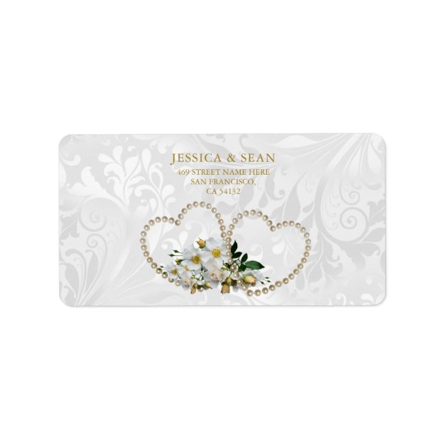 Etiqueta Pearl Hearts & Flowers Damask Wedding (Frente)