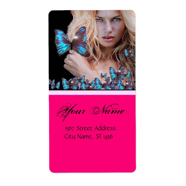 ETIQUETA PELO AZUL DE LA MARIPOSA, BELLEZA, SALÓN, ARTISTA  (Frente)