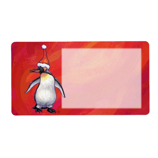 Etiqueta Penguin in Santa Hat on Red (Frente)