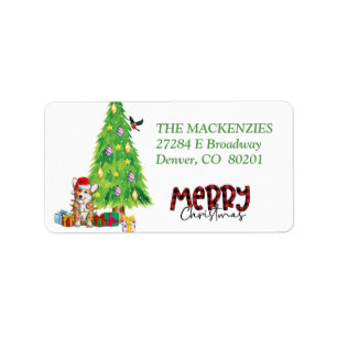 Etiqueta Perro Corgi envuelto en luces de vacaciones direcc