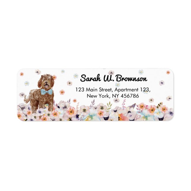 Etiqueta Perro Labradoodle con corbata azul adorable (Frente)