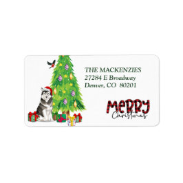 Etiqueta Perro malamute de Alaska y árbol de Navidad