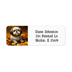 Etiqueta Perro shih Tzu cachorro jugando en hojas de otoño