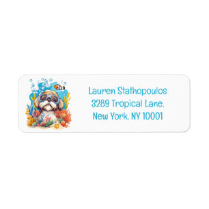 Etiqueta Perro Shih Tzu Snorkel en Arrecife de Coral