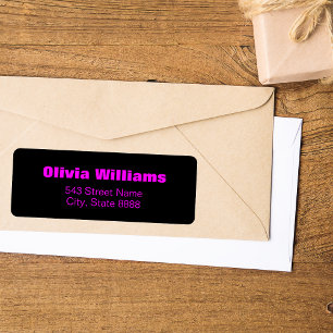 Etiqueta Personaliza Simple Neon Magenta en Negro Elegante