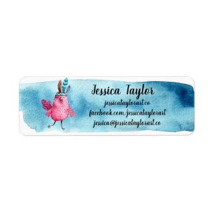 Etiqueta Personalizable de color de agua rosa pájaro