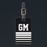 Etiqueta personalizada de equipaje inicial de mono<br><div class="desc">Etiqueta de equipaje inicial monograma personalizado para hombres. Diseño clásico de rayas negras y grises con nombres monogramados en blanco,  letras iniciales. Idea de regalo de Guay para hombres. Diseño masculino masculino del deporte.</div>