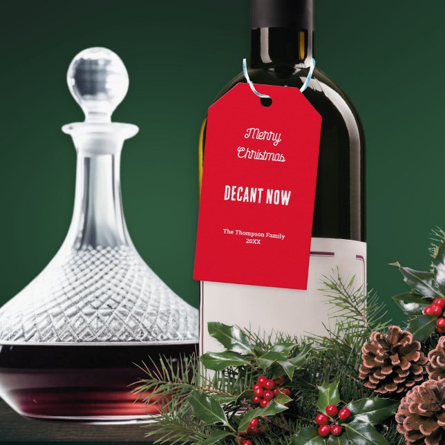 Etiqueta Personalizada de Feliz Navidad para Vino  (An elegant personalized label for Christmas with 'Decant Now' and Merry Christmas' words on red)