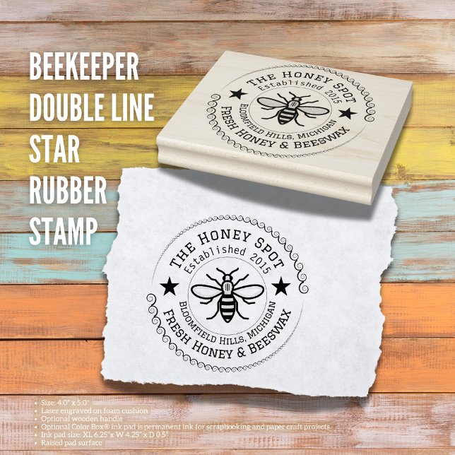 Etiqueta personalizada de miel y sello de embalaje (The Butterfly Studio
Beekeeper Double Line Star Rubber Stamp)