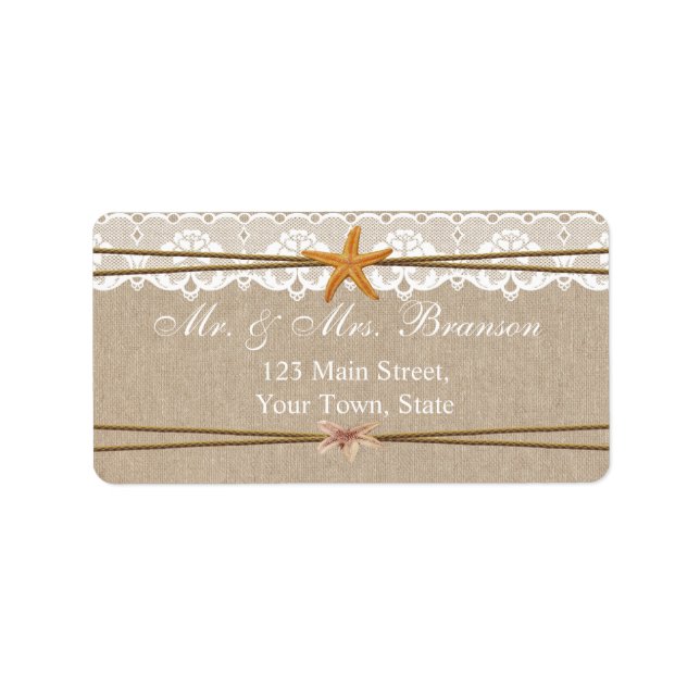 Etiqueta Personalizado Boda Rustic Beach Starfish Lace (Frente)