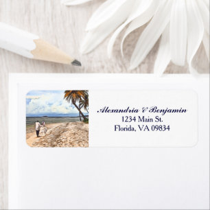 Etiqueta Personalizado Bride Groom Tropical Beach Watercolo