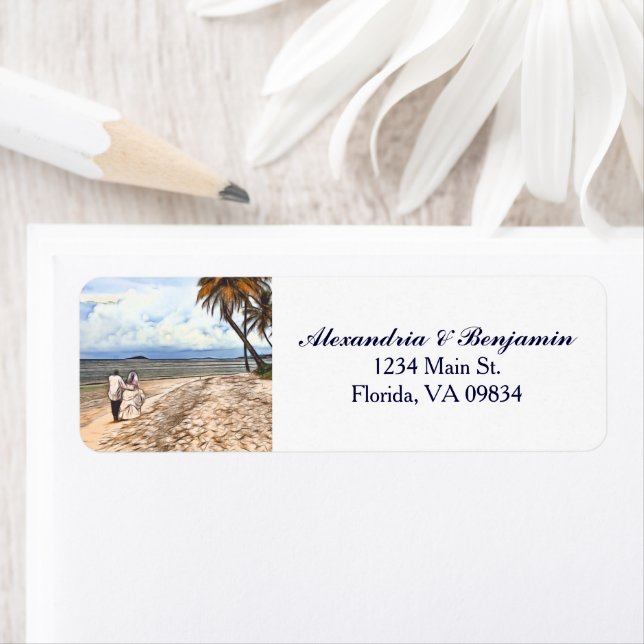 Etiqueta Personalizado Bride Groom Tropical Beach Watercolo (In situ)