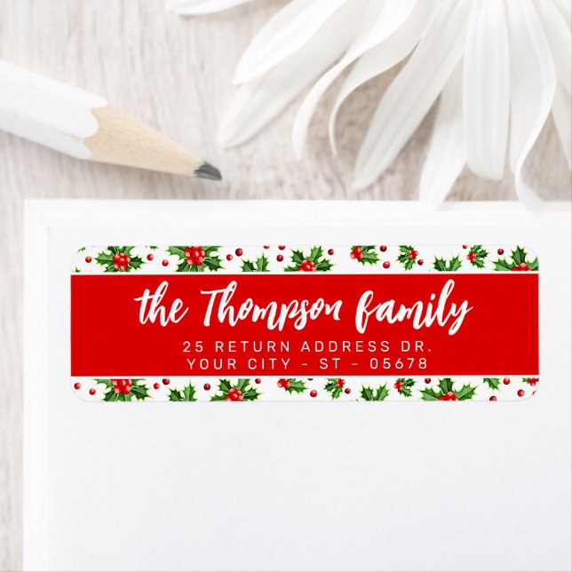 Etiqueta Personalizado Classic Holiday Green Holly Red Berr (In situ)