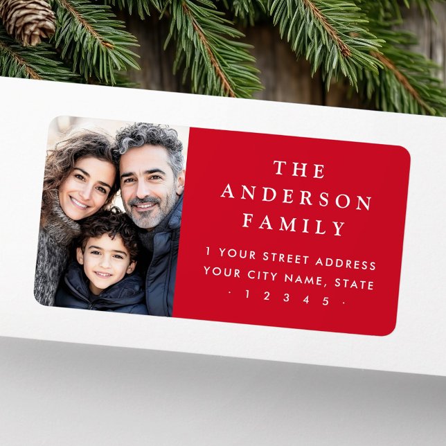 Etiqueta Personalizado de la familia foto elegante direcció (Custom family photo elegant red return address label)