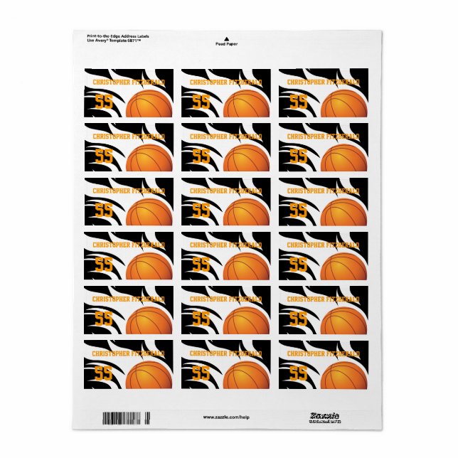 Etiqueta Personalizado Flaming Baloncesto Negro y Blanco (Hoja Entera)