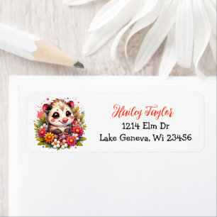 Etiqueta Personalizado lindo Opossum y flores rosadas