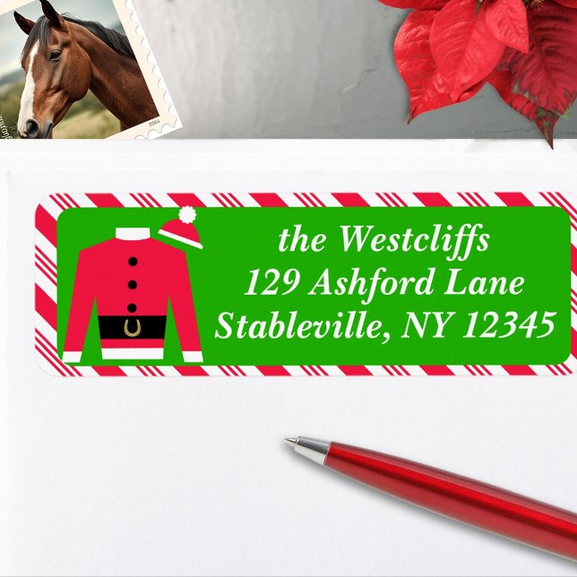 Etiqueta Personalizan las sedas de jockey sobre Carreras de (Christmas holiday return address labels to coordinate with Santa Claus Jockey silks card.)