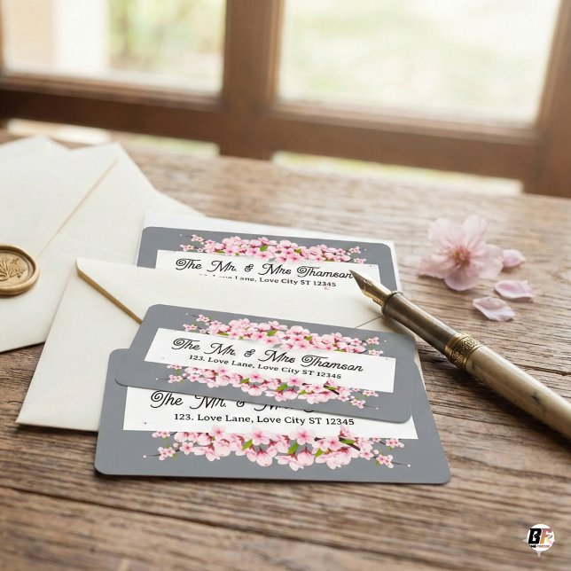 Etiqueta Personalized Grey & Pink Cherry Blossom Wedding  (Subido por el creador)