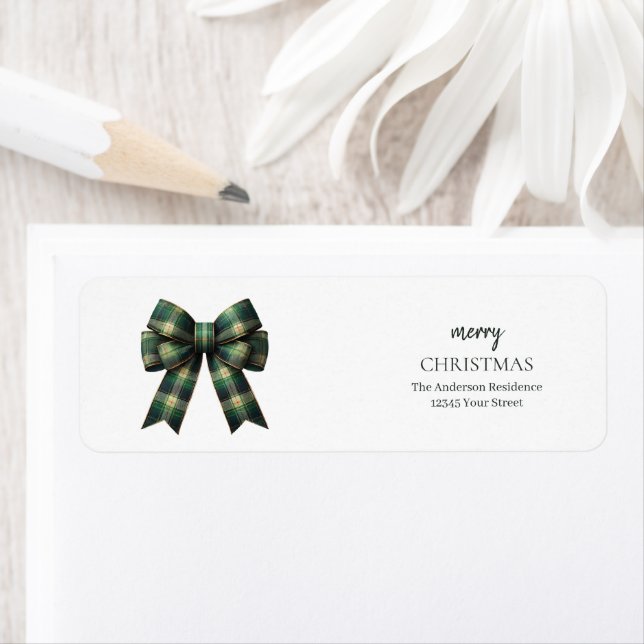 Etiqueta Personalized Merry Christmas | Green Plaid Bow (In situ)