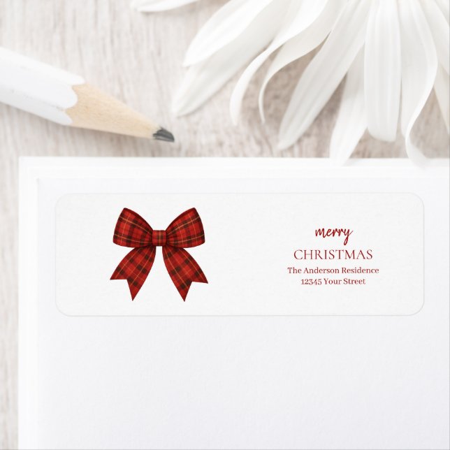 Etiqueta Personalized Merry Christmas | Red Plaid Bow (In situ)