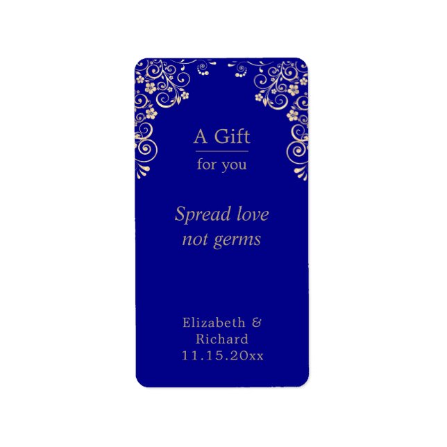 Etiqueta Personalized Wedding Blue Gold Hand Sanitizer  (Frente)
