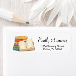 Etiqueta Pila de libros y libro abierto