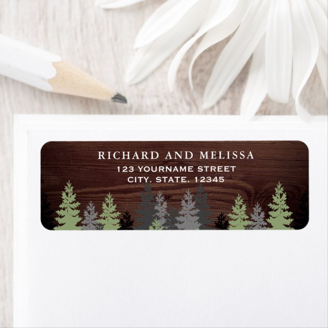 Etiqueta Pine Trees Rustic Wood Winter Wedding (In situ)