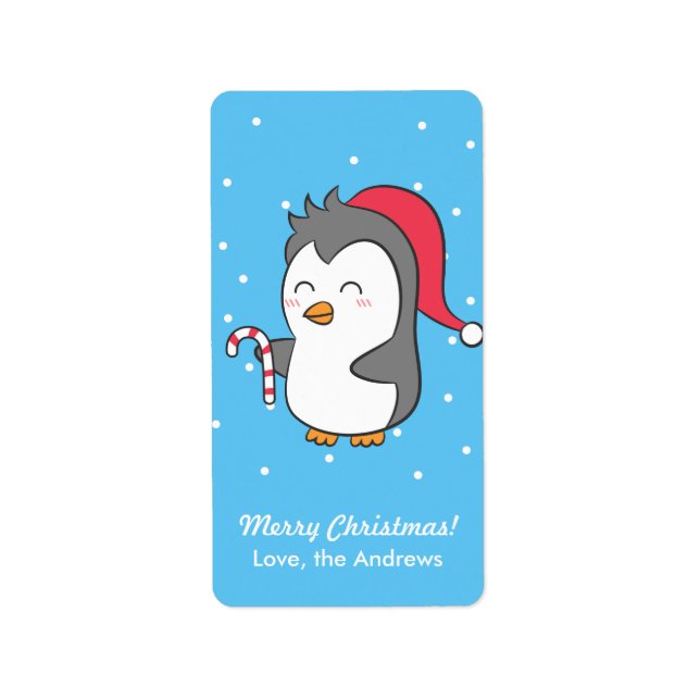 Etiqueta Pingüino Cuto Con Saludo De Candy Cane (Frente)