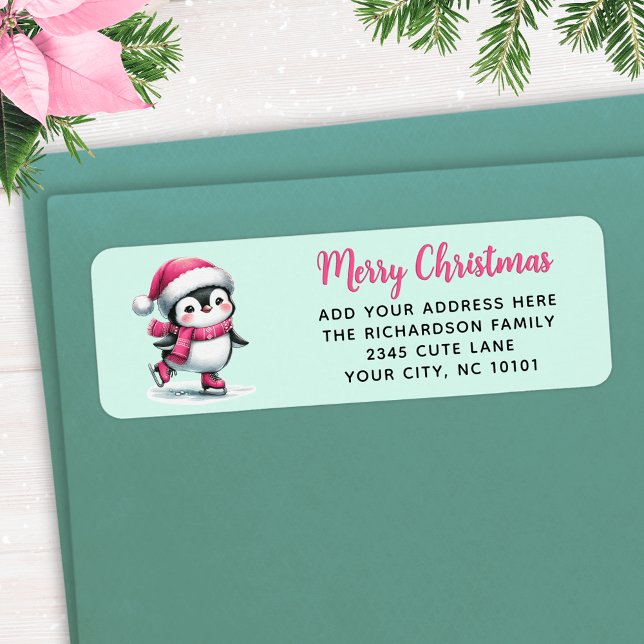 Etiqueta Pingüino de patinaje sobre hielo rosa y menta para (Subido por el creador)