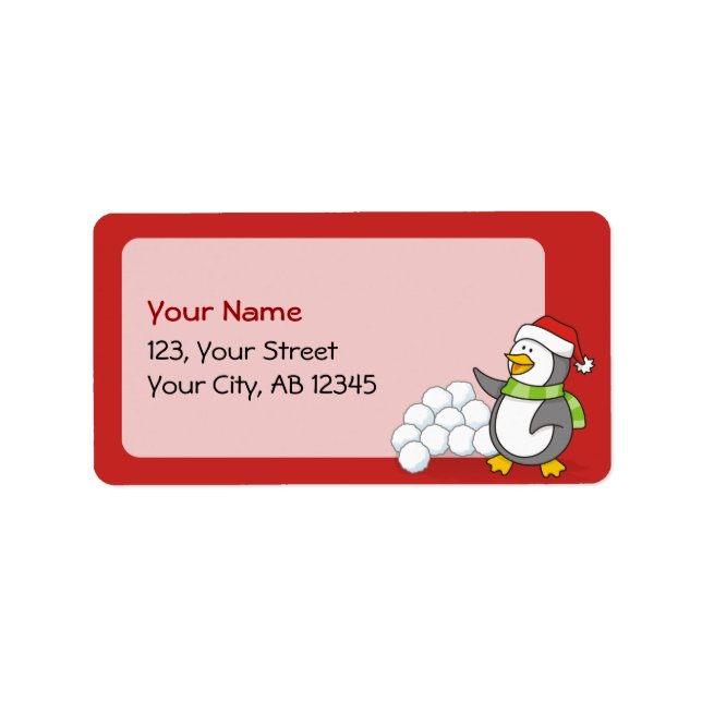 Etiqueta Pingüino navidad con bolas de nieve ondeando (Frente)