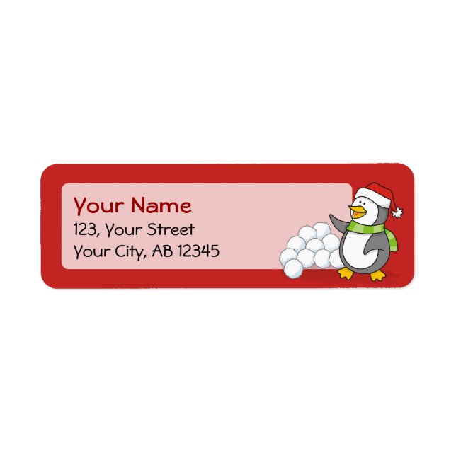 Etiqueta Pingüino navidad con bolas de nieve ondeando (Frente)