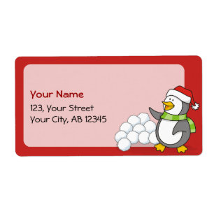 Etiqueta Pingüino navidad con bolas de nieve ondeando